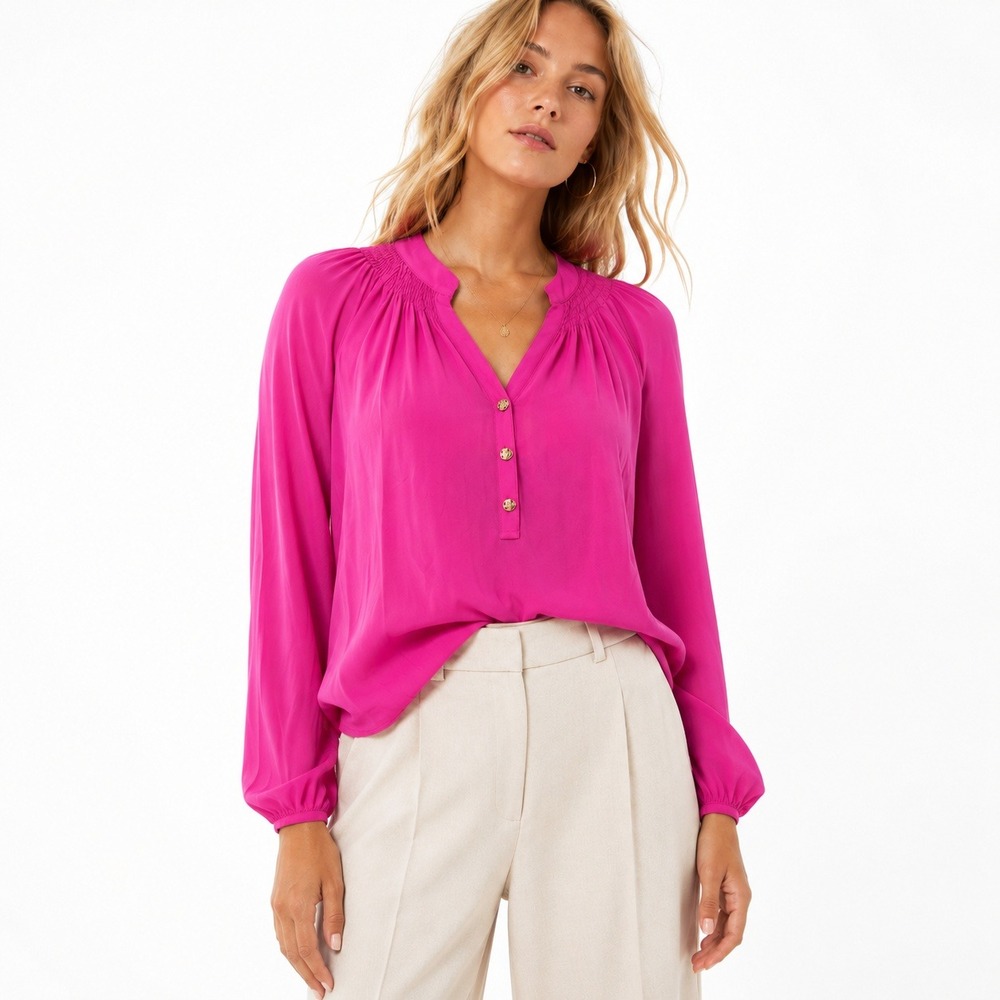 Lilly Pulitzer Women Pink Silk Elsa Top Smocked V-Neck Blouse Small